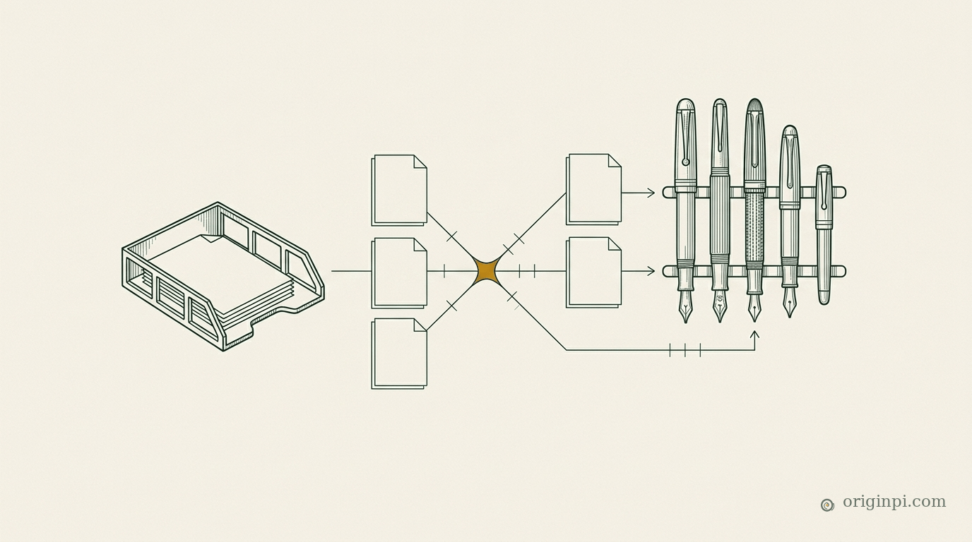 Fine-line drawing of an in-tray of papers routed through an amber junction to a rack of five fountain pens of different sizes.