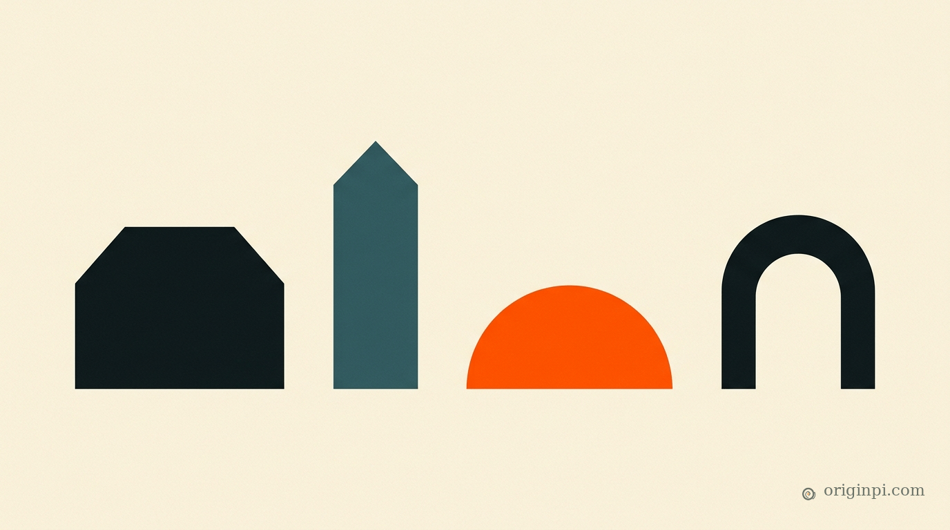 Four separate flat shapes in a row: a dark house, a teal tower, an orange half-circle and a dark arch.