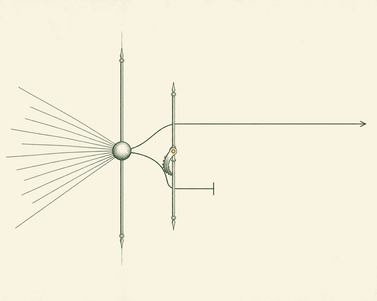 Deep-green and parchment mathematical-line emblem: a single fine 90-degree arc marked by four small nodes for success me