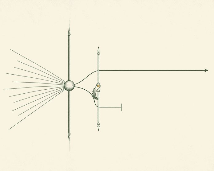 Deep-green and parchment mathematical-line emblem: a single fine 90-degree arc marked by four small nodes for success metric, data reach, confirm step, and audit trail, converging on one central kill-or-keep mark, drawn with restraint and generous negative space.